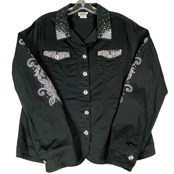 Isaacs Designs Black Denim Jacket Rhinestones Bling Cowgirl Western Rodeo Sz M - Picture 1 of 16